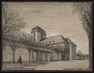 Gedächtniskirche mit Gedenkhalle Schinkelwettbewerb 1920: Perspektivische Ansicht (von NO) 1:100