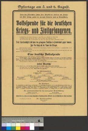 Aufruf zur Volksspende für die deutschen Kriegs- und                                     Zivilgefangenen sowie Ausrichtung eines Opfertages im Herzogtum                                     Braunschweig am 5. und 6. August 1916
