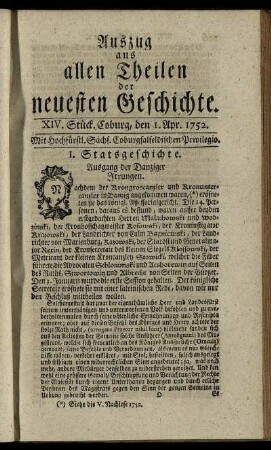 XIV. Stück. Coburg, den 1. Apr. 1752.