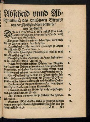 Abscheid unnd Abschneidung des unnötigen Streits/ von der Christgleubigen verstorbenen Leichnam.