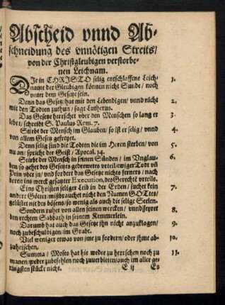 Abscheid unnd Abschneidung des unnötigen Streits/ von der Christgleubigen verstorbenen Leichnam.