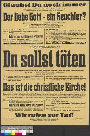 Propagandaplakat des Deutschen Freidenkerverbandes mit Aufruf zum Kirchenaustritt und Eintritt in den Deutschen Freidenkerverband