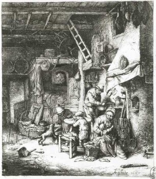 Bauernfamilie in der Stube : Ostade, Adriaen van: Bauernfamilie in der Stube. Radierung; 176 x 155 mm. 1647. Dresden: Kupferstich-Kabinett A 39230