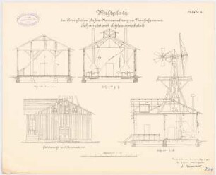 Hafengebäude, Danzig-Neufahrwasser: Schmiede- und Schlosserwerkstatt: Aufriss Giebelansicht, Querschnitt 1:100