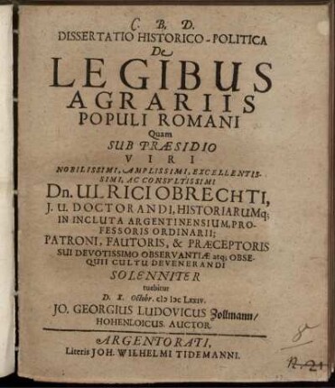 Dissertatio Historico-Politica De Legibus Agrariis Populi Romani