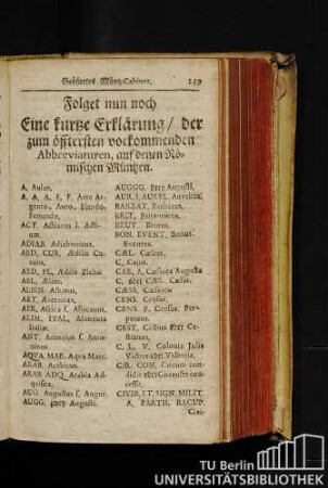 Folget nun noch Eine kurze Erklärung / der zum öfftersten vorkommenden Abbreviaturen, auf denen Römischen Müntzen.