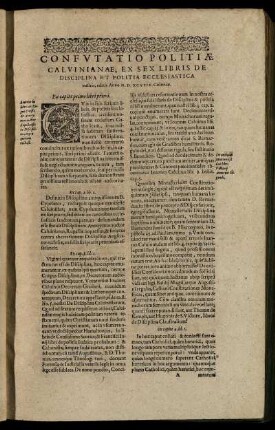 Liber I. / Confutatio Politiae Calvinianae, Ex Sex Libris De Disciplina Et Politia Ecclesiastica ...