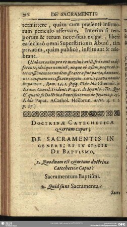 Doctrinae Catecheticae Quartum Caput; De Sacramentis in Genere; Et In Specie De Baptismo