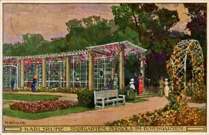 Postkartenalbum mit Motiven von Karlsruhe. "Karlsruhe. Stadtgarten, Pergola im Rosengarten". Rosengarten im Stadtgarten