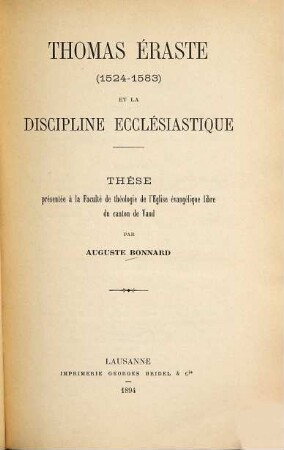 Thomas Éraste  et la discipline ecclesiastique : [Thomas Erastus]