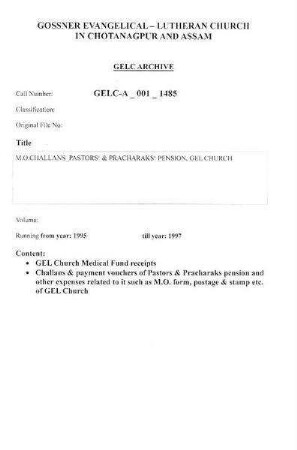 M.O. CHALLANS PASTORS' & PRACHARAKS' PENSION, GEL CHURCH