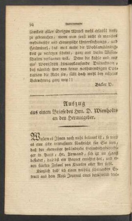 Auszug aus einem Briefe des Hrn. D. Wienholts an den Herausgeber