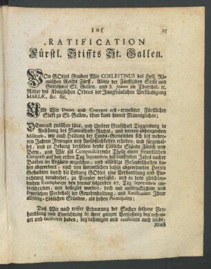 Ratification Fürstl. Stiffts St. Gallen
