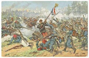 Gefecht zwischen dem 2. bayerischen Infanterie-Regiment und französischen Truppen bei Wörth am 6. August 1870, wobei ein franz. Regimentsadler und eine Trikolore erbeutet wird, im Hintergrund das brennende Wörth