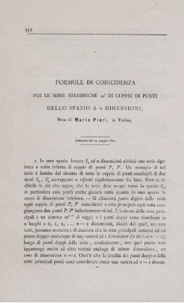Formule di coincidenza per le serie algebrichie ... di coppie di punti dello spazio a ... dimensioni.