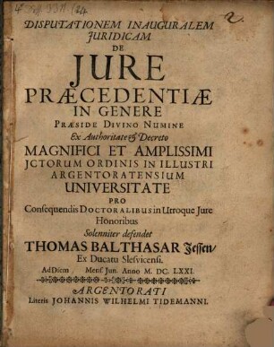 Disputationem Inauguralem Iuridicam De Iure Praecedentiae In Genere