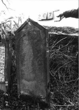 Grabstein 267 (Index: 99752202) Material: Sandstein Zustand: vorne verwittert mit völligem Textverlus Maße HxBxT: 127x49x12 cm Beschreibung: Stel, giebelartiger Abschluß, Schriftfeld eingetieft mit Segmentbogenabschluß: Grabstein 267