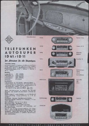 Werbeprospekt: Telefunken Autosuper ID 61 / ID 11
