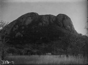 Großer Felsen : Ein großer Felsen in einer Landschaft. Im Vordergrund Savannenvegetation.