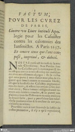 Factum pour les curez de Paris. Contre un Livre intitulé Apologie pour les Casuistes contre les calomnies des Jansénistes