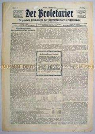Gewerkschafts-Zeitung "Der Proletarier" u.a. zum österreichischen Verbandstages in Wien