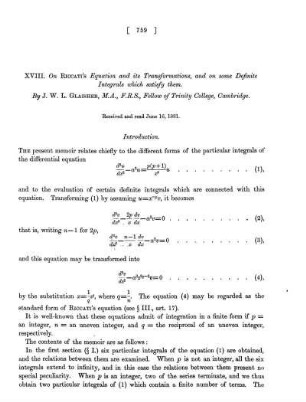 On Riccati's Equation and Its Transformations and Some Definite Integrals which satisfy them.