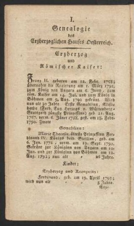 I. Genealogie des Erzherzoglichen Hauses Oesterreich