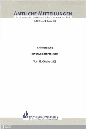 Archivordnung der Universität Paderborn : vom 12. Oktober 2009