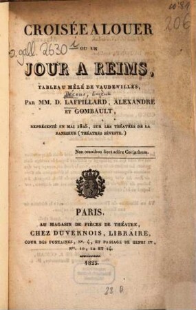 Croisée à louer, ou un jour à Reims : Tableau mêlé de vaudevilles