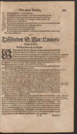 XV. Tischreden D. Mar: Luthers/ Vom Gebet.