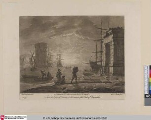 [Seehafen mit römischen Triumphbogen bei Sonnenuntergang]