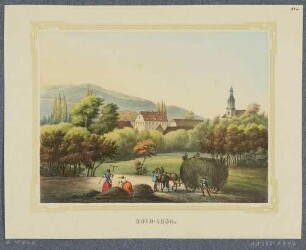 Ortsansicht von Oberlosa (Plauen) im Vogtland mit der Kirche, im Vordergrund Bauern beim Heuverladen, aus dem Album der Rittergüter und Schlösser im Königreiche Sachsen, 5. Bd.
