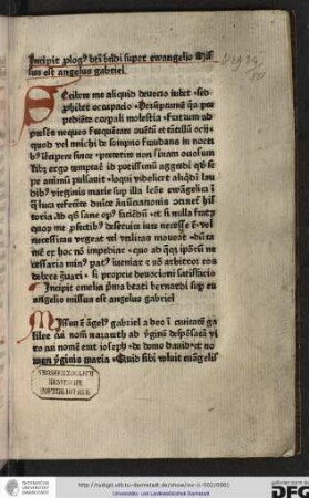 Incipit omelia prima beati Bernardi super evangelio Missus est angelus Gabriel.