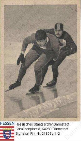 USA, Lake Placid / 1932 Olympische Winterspiele / 500-Meter-Eisschnelllauf, Sieger [John] Shea (1910-2002), USA / Sammelwerk Nr. 6 'Olympia 1932', Bild Nr. 187 Gruppe 19