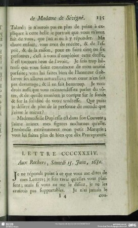 Lettre CCCCXXXIV. Aux Rochers, Samedi 15. Juin, 1680