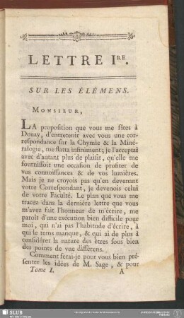 Lettre Ire. Sur Les Élémens