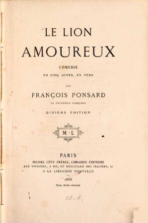 Le lion amoureux, comédie en cinq actes, en vers