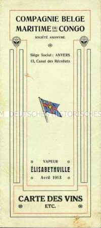 Weinkarte vom belgischen Dampfer "Élisabethville" von der Überfahrt von Antwerpen nach Matadi im Kongo (in französischer Sprache)