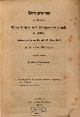Betrachtungen über die verticalen Wasserräder : Abhandlung von Carl Schmidt. Programm der K. Gewerbschule und Baugewerkenschule zu Zittau. (Ostern 1847.)