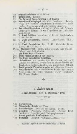 V. Auktionstag: Sonnabend, den 1. Oktober 1904, von 10 Uhr ab