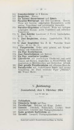 V. Auktionstag: Sonnabend, den 1. Oktober 1904, von 10 Uhr ab