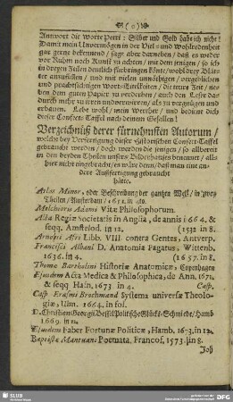 Vezeichnüß derer fürnehmsten Autorum, welche bey Verfertigung dieser Historischen Confect-Taffel gebraucht werden