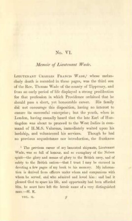 No. VI. Memoir of Lieutenant Wade