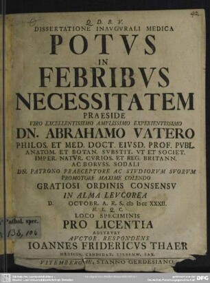 Dissertatione Inaugurali Medica Potus In Febribus Necessitatem