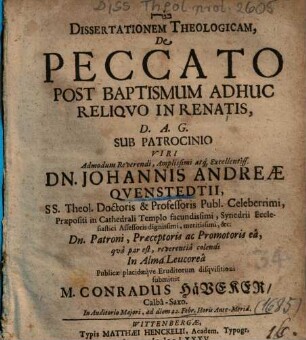 Dissertationem Theologicam, De Peccato Post Baptismum Adhuc Reliqvo In Renatis