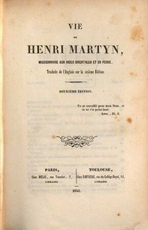 Vie de Henry Martyn, missionaire aux Indes orientales et en Perse