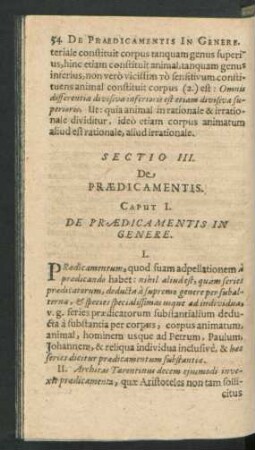Sectio III. De Praedicamentis.