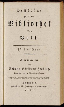 Beyträge zu einer Bibliothek fürs Volk. Fünfter Band.