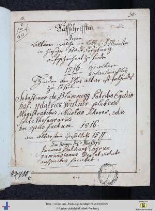Abschriften von Epitaphien oder Grabschriften des Münsters von Freiburg i. Br.