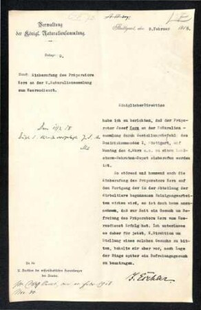 Einberufung des Präparators Joseph Kerz zum Heerdienst